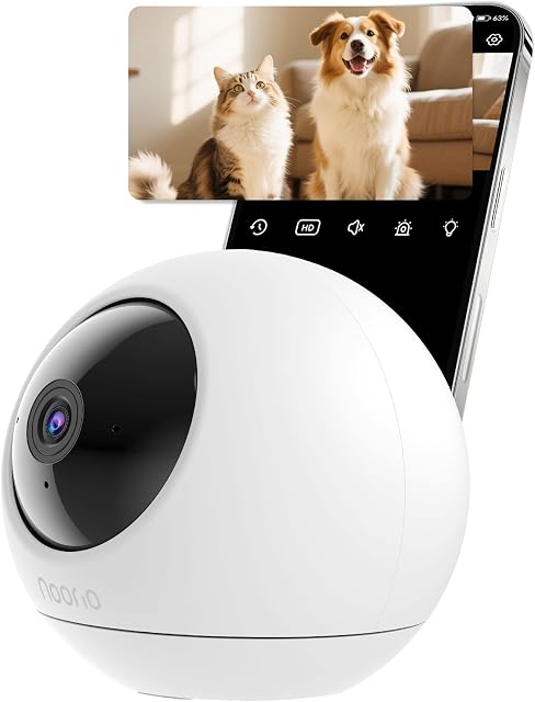 Noorio T110 Indoor Security Camera as Baby Monitor and Pet cam with Phone App 2 Way Audio, 360 Pan Tilt 2.4/5GHz WiFi Wired, Local Storage, Work with Alexa