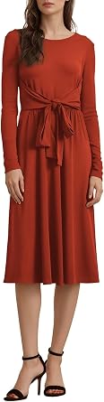 BLENCOT Long Sleeve V Neck Casual Knit Pleated Flowy Fall Winter Midi Maternity Dress with Pockets