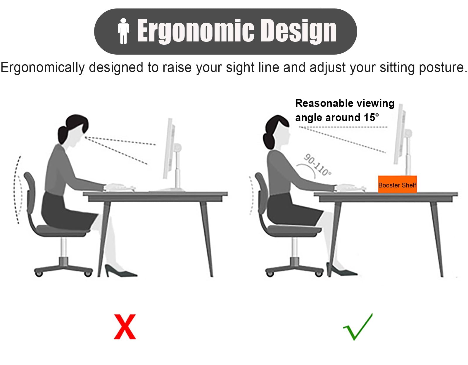 Supporto per doppio monitor – Organizer angolare da scrivania in legno massello per 2 monitor, design curvo, ampio rialzo per laptop/TV/telefono