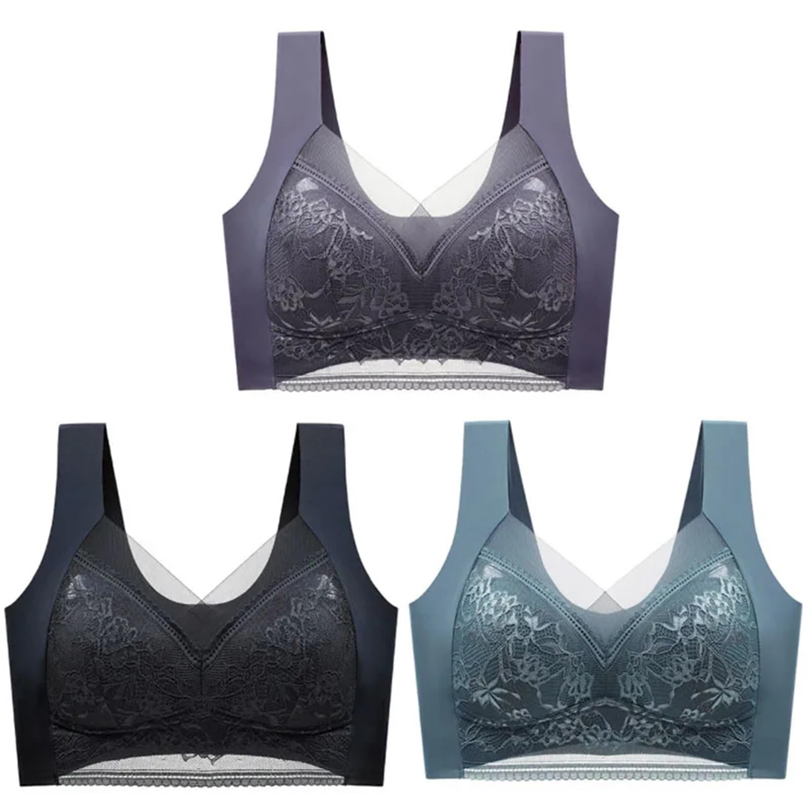 Sujetador de Mujer Sujetador básico de Encaje Talla Grande for Mujer, 3 Piezas, antiflacidez, Fino, con Relleno, Seda Helada, sin Costuras para Diario(2L (50-60kg),Grey)