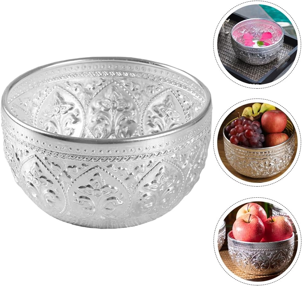 Angoily Thai Traditional Offering Bowl Set 5Pcs Small Decorative Silver Serving Bowls for Rituals Salad Rice Essential Oil Storage Spa and Home Use 2.17 Inch Carved Tin Design