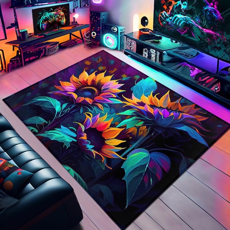 Alfombra artística de girasol, patrón floral, alfombra de área de girasol, alfombra de sala de estar, alfombra rústica con estampado floral para