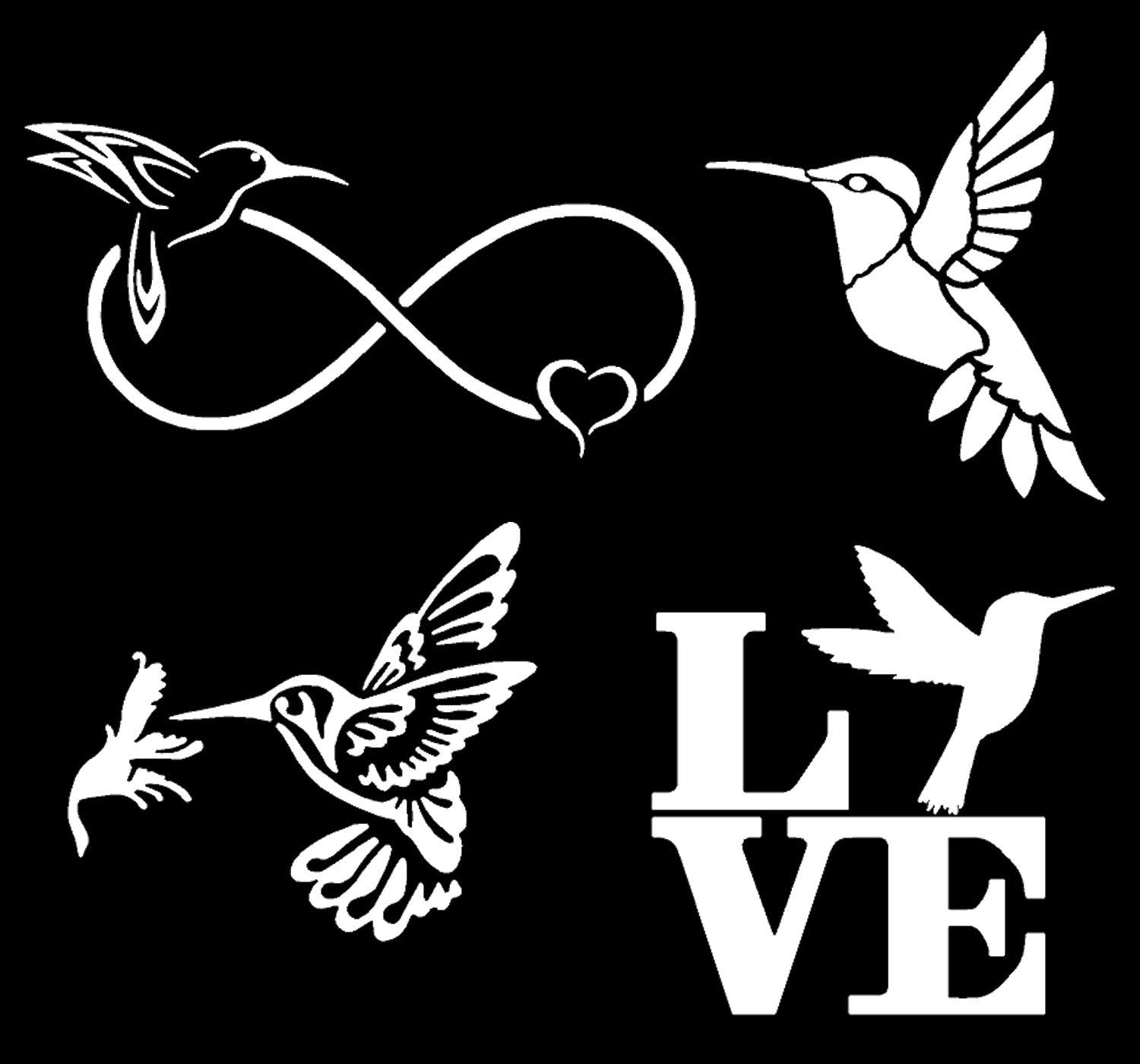 Hummingbird Decal 4 Pack: Hummingbird Infinity, Flying, Nectar, Love (White)