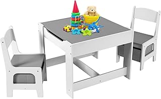 Arlopu Kids Table and 2 Chairs Set, 3-in-1 Wooden Activity Table, Drawing Reading Black Board Storage Desk, Art Craft, Playroom,Toddler Table and Chair Set (Off-White)