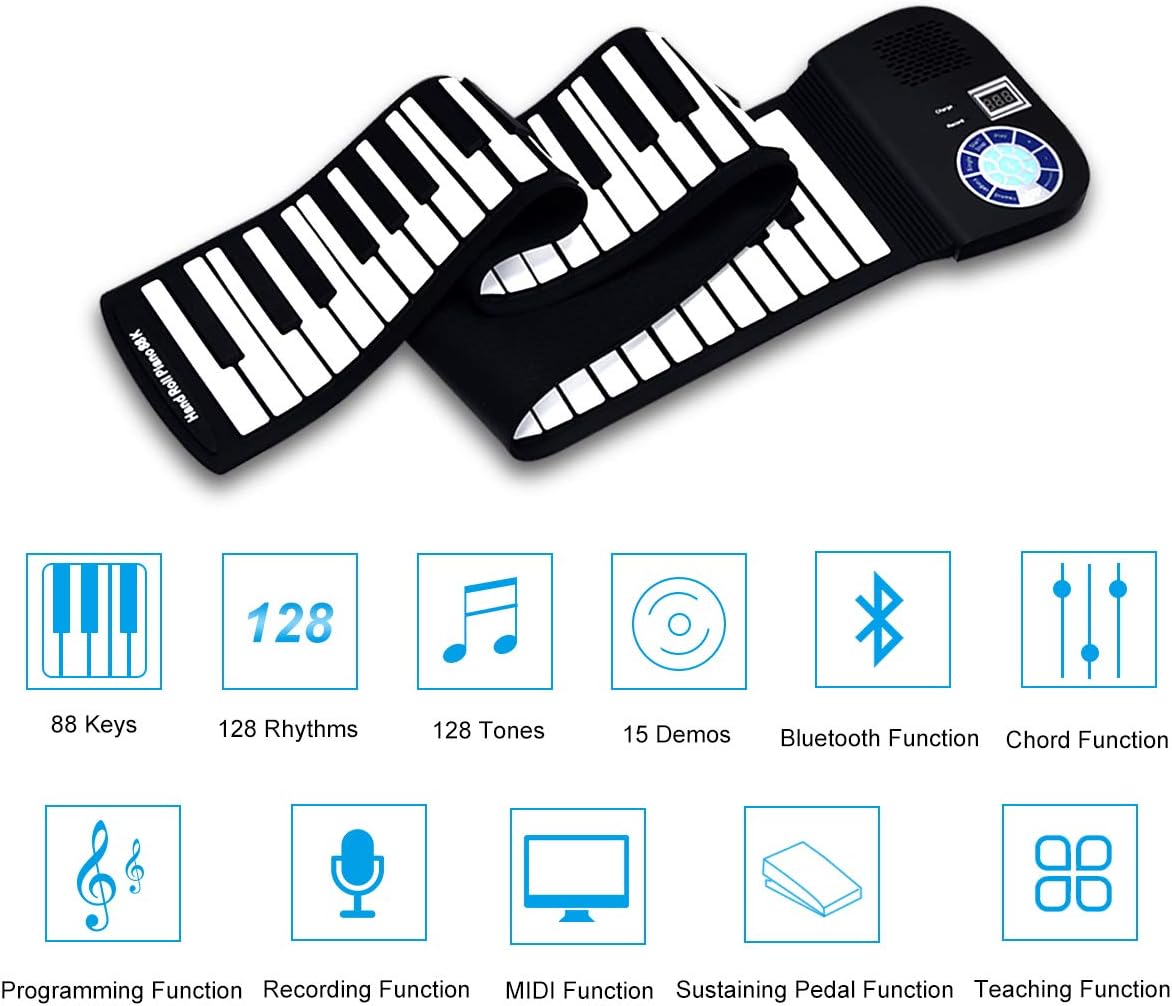 HONEY JOY Roll Up Piano, Portable 88 Key Piano Keyboard, Soft Grade Silicone, Rechargeable Educational Piano with LED Touch Screen, 128 Tones, 128 Rhythms, 15 Demos, Built-in Amplifying Speakers