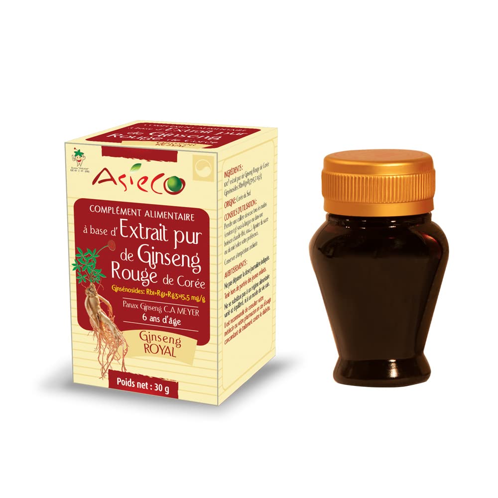 Extrait de GINSENG Rouge Coréen ROYAL 100% Ginseng flacon de 30g Ginsénosides Rg1+Rb1>15.5mg/g - ASIECO