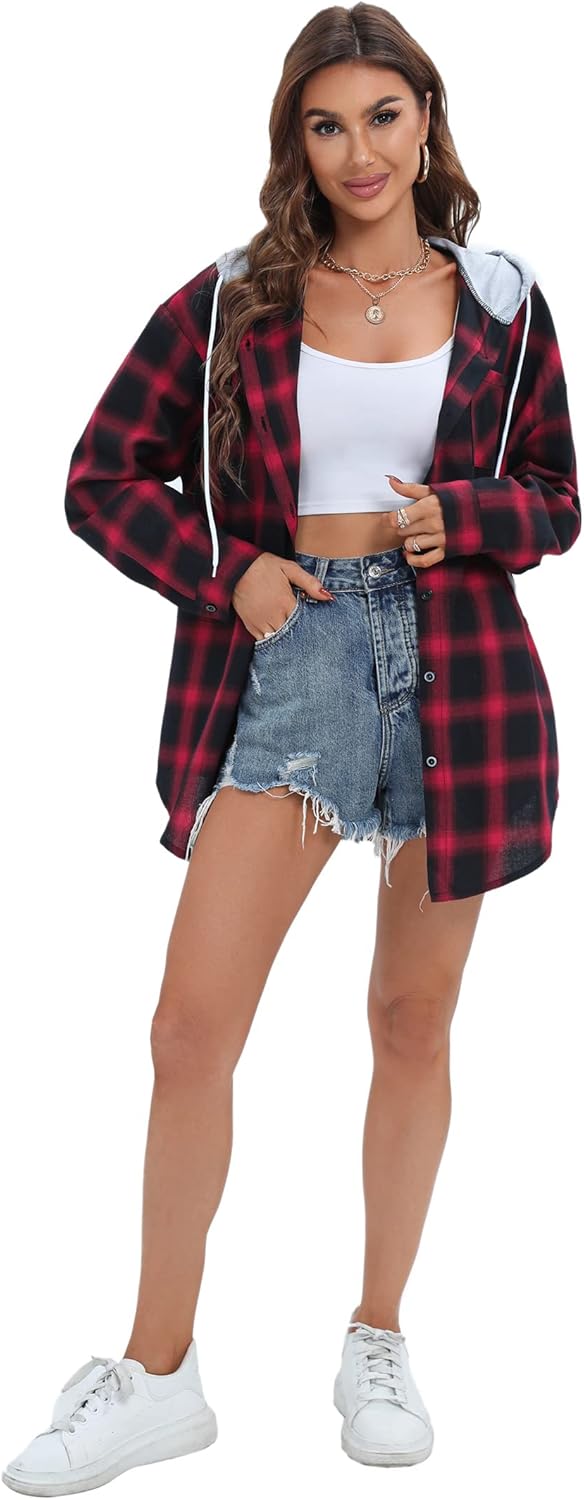 Women's Plaid Flannel Shirts Hoodie Long Sleeve Oversized Shirt Jacket Button Down Blouse Tops - Image 7