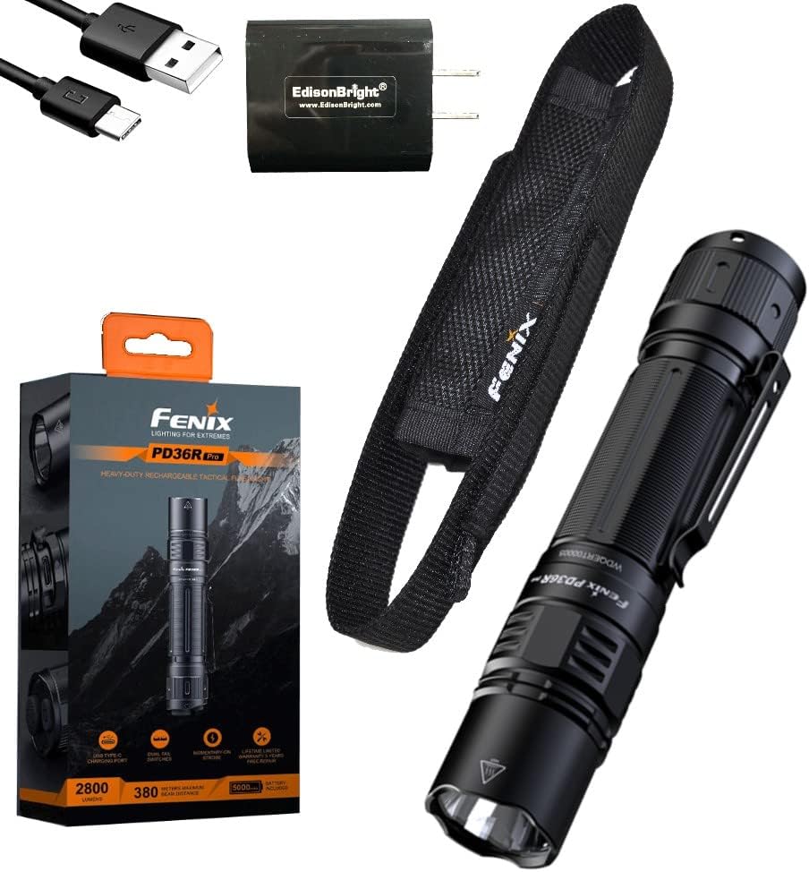 Fenix PD36R Pro 2800 Lumen Rechargeable LED Tactical Flashlight, EdisonBright USB Charging Adapter Bundle
