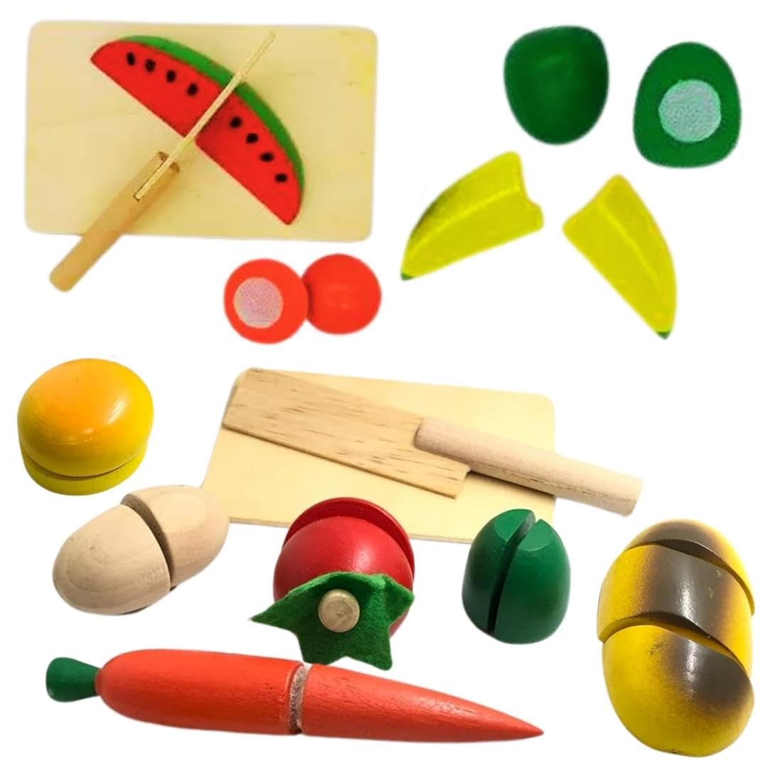 PLUSPOINT Wooden Food Cutting 14 pcs Play Food Toy for Kids Kitchen Pretend Play Fruit & Vegetables Accessories, 2 Board ,2 Knife for Girls and Boys