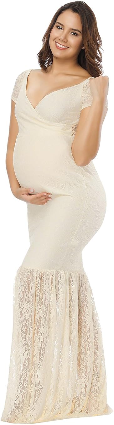 JustVH Women's Off Shoulder Short Sleeve V Neck Lace Maternity Gown Maxi Photography Dress at  Women’s Clothing store