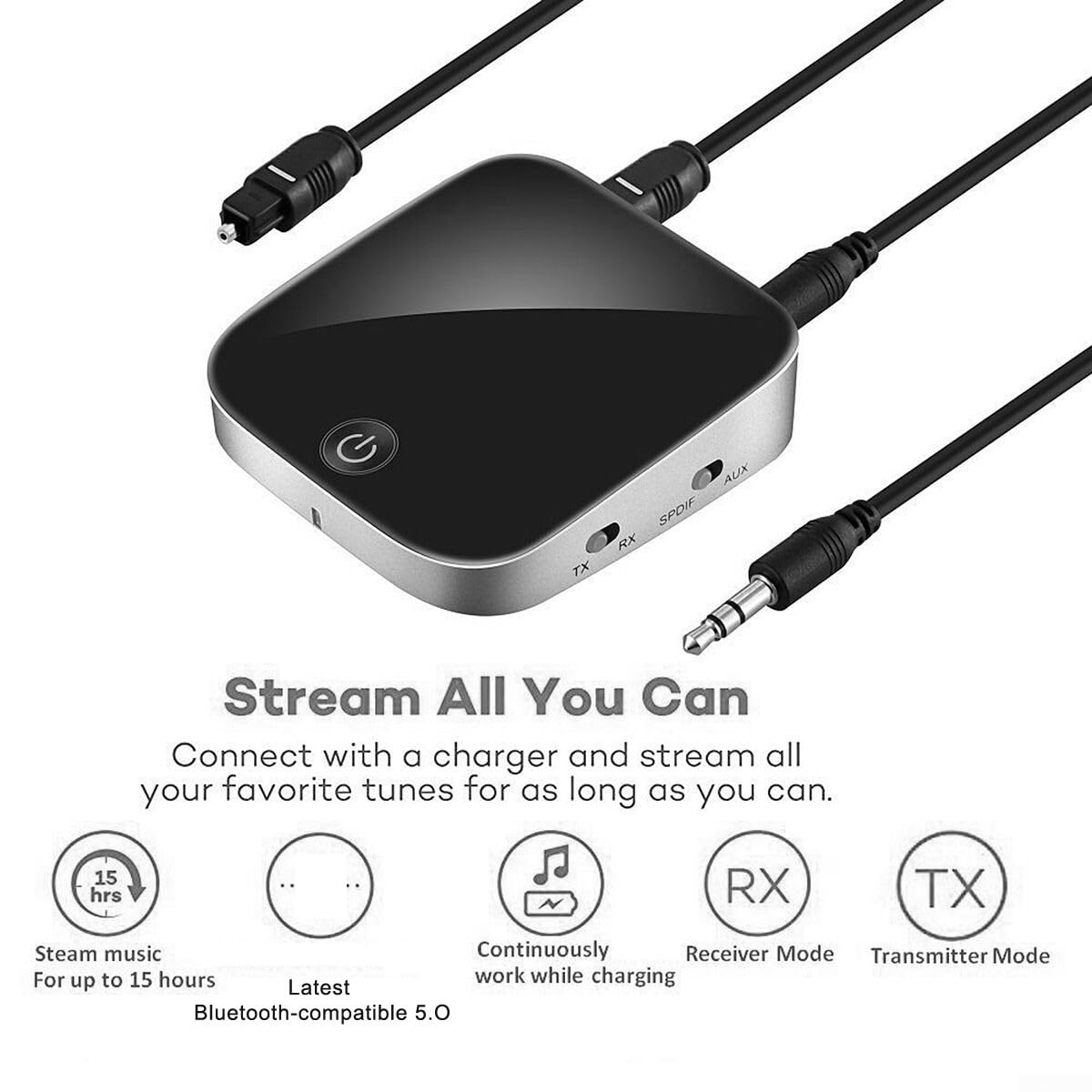 Transmetteur récepteur Bluetooth 5.0, double fonction compatible Bluetooth 5.0, adaptateur audio vers deux appareils pour TV, PC, haut-parleur MP3, stéréo à la maison