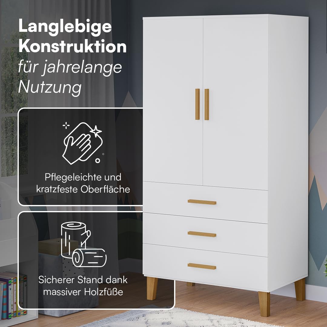 Bellabino Liri Kinderkleiderschrank – Kleiderschrank Kinderzimmer 2-türig mit 3 Schubladen in Weiß/Natur – Babyzimmer Schrank für Mädchen & Jungen – 183 x 56 x 90 cm (HxTxB)