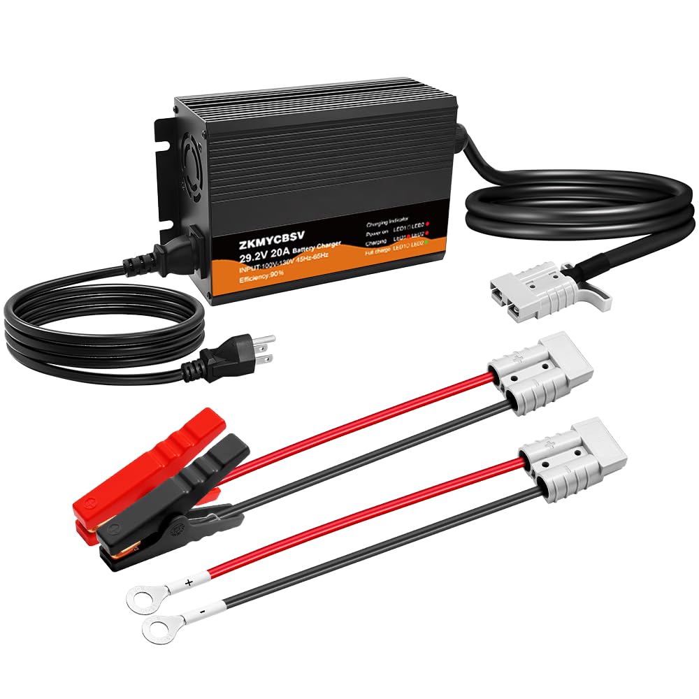 29.2V 20A LiFePO4 Battery Charger, 24 Volt LiFePO4 Battery Charger with LED Indicators, Bulit-in Cooling Fan, Multi Safety Protections, Support Fast Charging, Suitable for Trailer RV SUV Boats