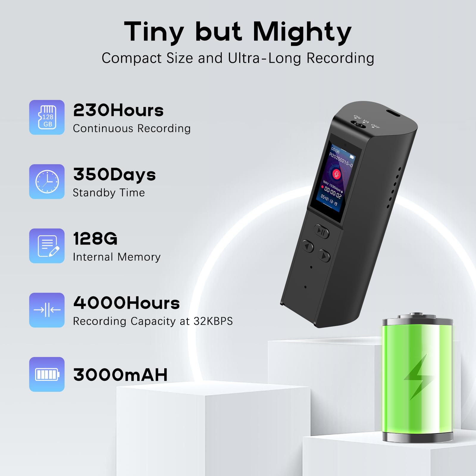 HEVAVW 128GB Voice Activated Recorder with Playback: Magnetic Audio Recorder with AI Noise Cancellation, 220 Hours Continuous Recording, Recording Device for Lectures Meetings Interviews Classroom