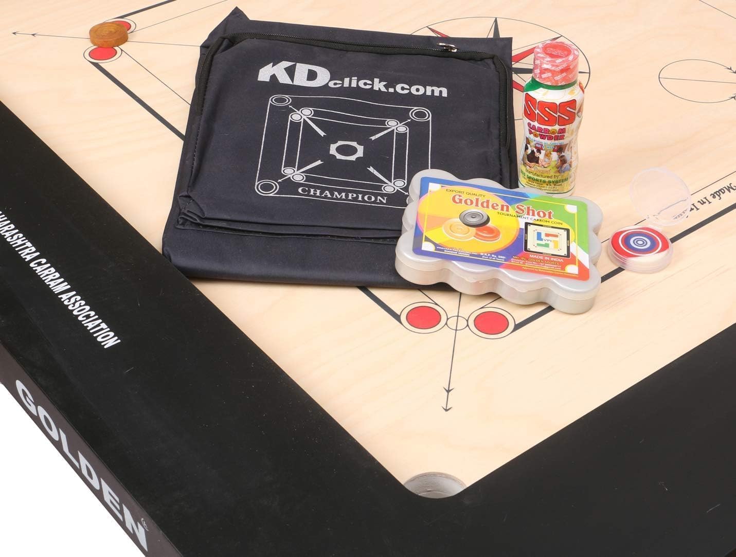 KD Golden Carrom Board Game Board Champion Bulldog Jumbo English Ply Wood Board with Coin, Striker & Cover, AICF Approved Used in National & International Tournament (28mm, Bulldog)