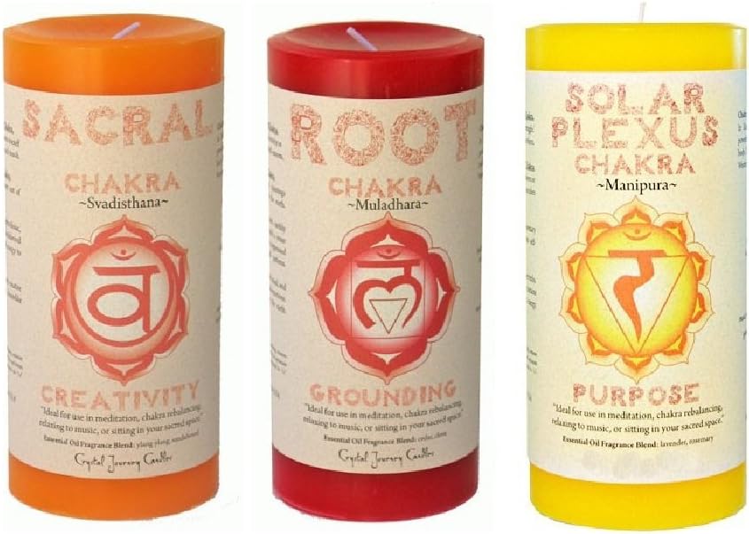 Crystal Journey Pillar Chakra Candles Bundle of 3 (Sacral Chakra, Root Chakra, Solar Plexus Chakra)
