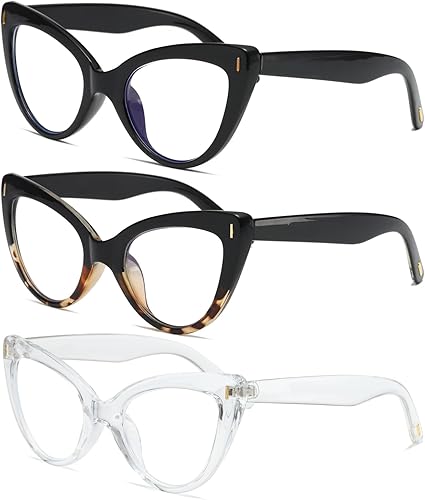 Miniatura 2 de Hubeye 3 pares de anteojos de lectura de ojo de gato para mujer, de gran tamaño, anti luz azul, para lectura de computadora, a la moda, lindos