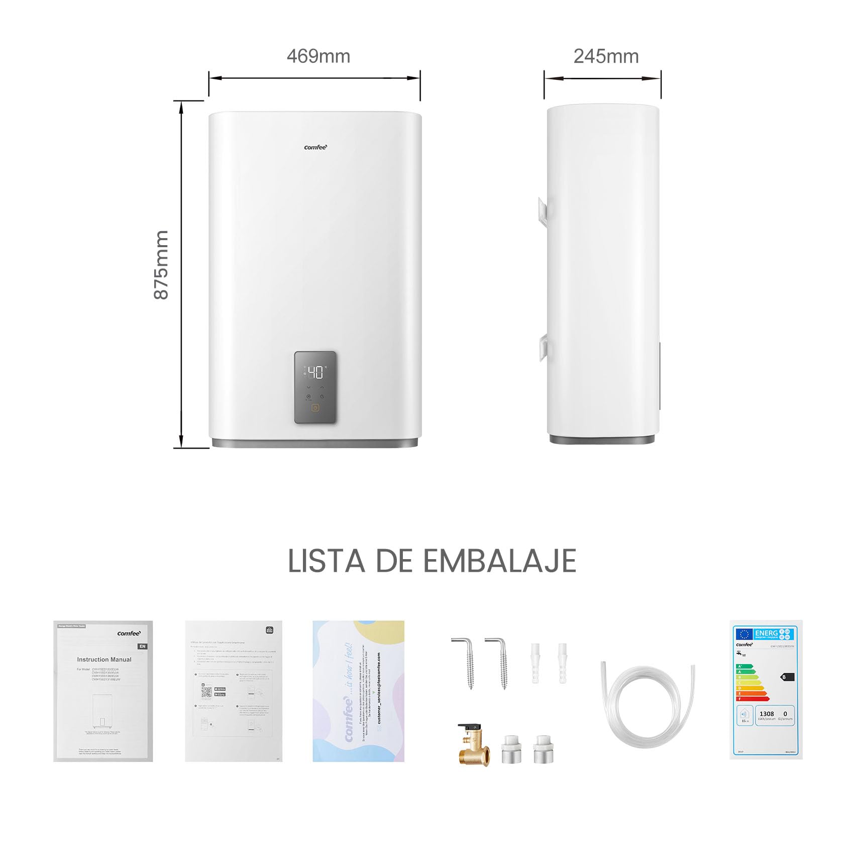 COMFEE' CWH15ED1350EUW Calentador de Agua Eléctrico, Doble Tanque, 47L | Control por App, Instalación Vertical u Horizontal, Ultradelgado, Antibacteriano Ag+, Doble Depósito, Inteligente, Blanco