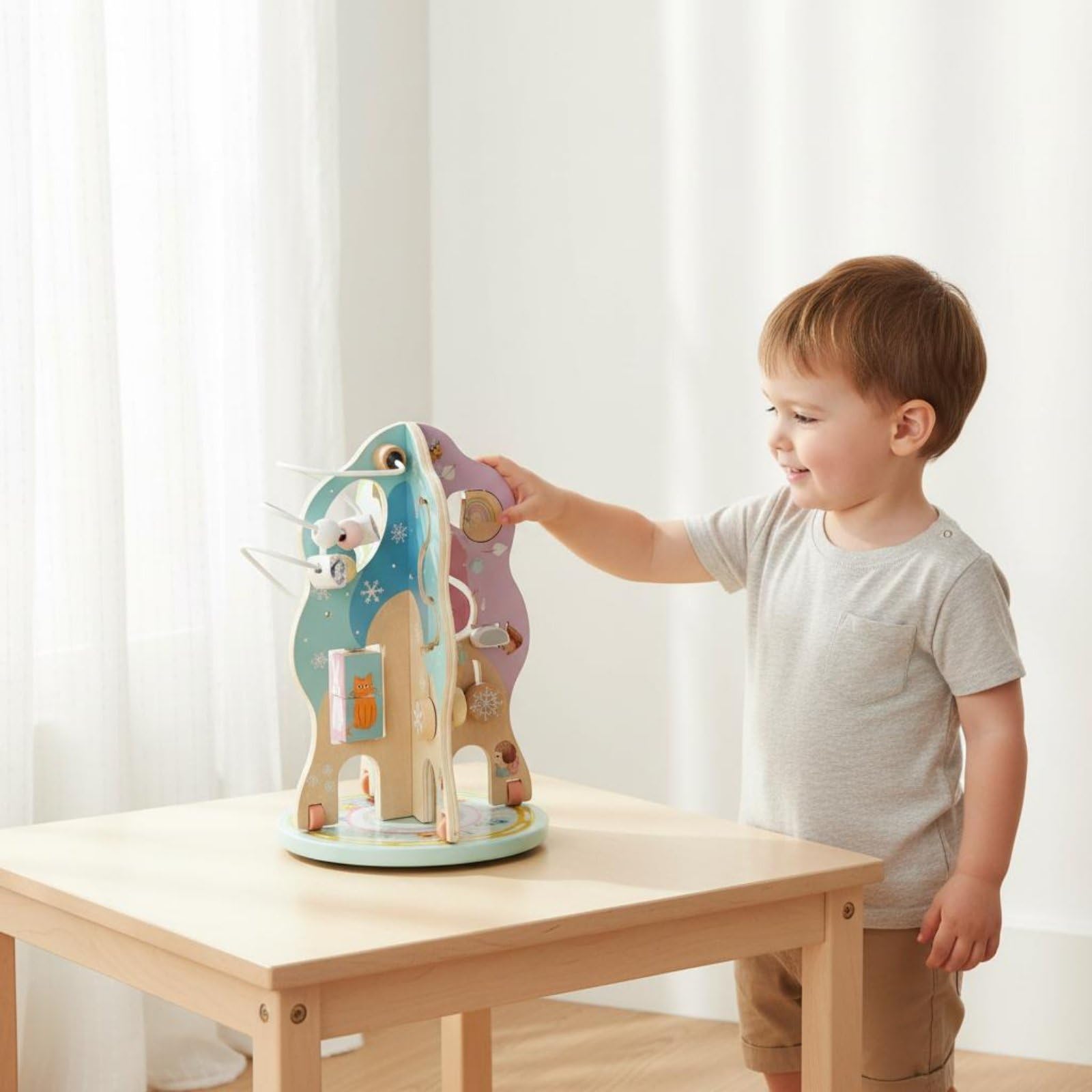 Kinder Drehperlen Motorikschleife Holzspielzeug mit Drehbarem Und Farbenfrohen Perlen für Spielteppich Kinderecke, Multifunktionaler Perlenlabyrinth-Schatzkasten Mit Alphabet