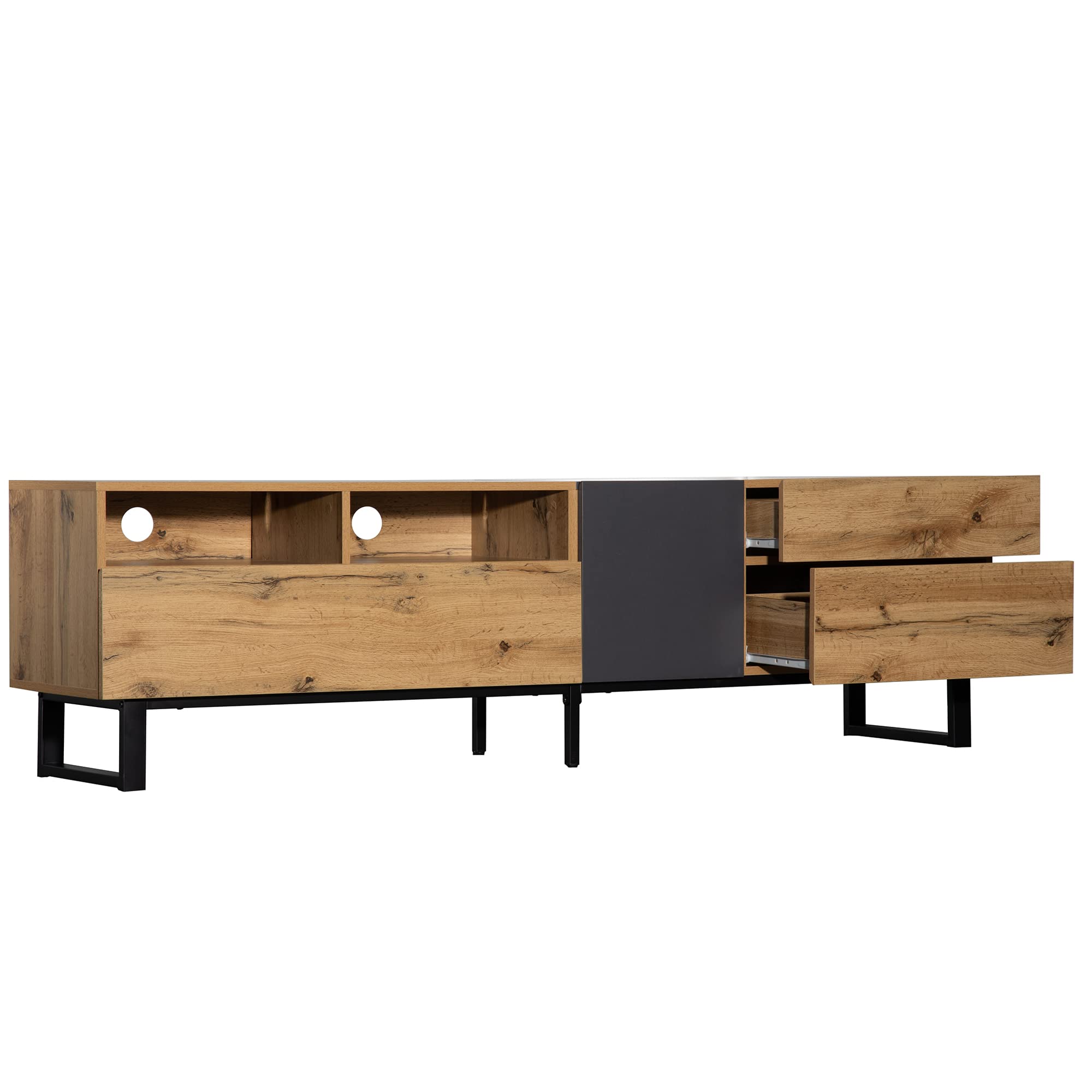 Meuble TV 180 cm Bois et Noir, Table Télévision Salon Rangement Portes Coulissantes sans Poignée, 5 compartimentset 2 tiroirs, Pieds Métal, Lowboard pour Téléviseur jusqu'à 50 kg (180x38x50)