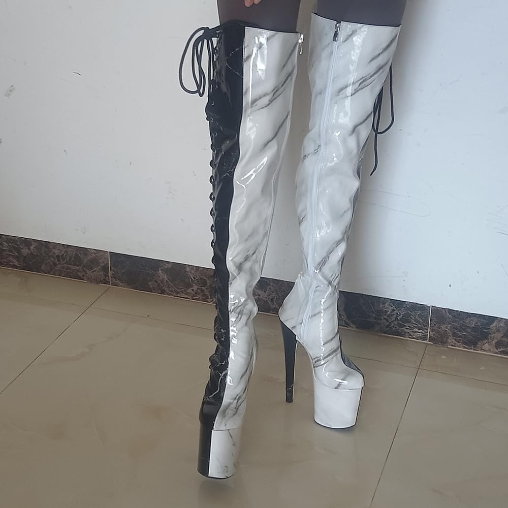denova's Women's Patent 7.9in Very High Heel Lace Up Platform Pole Dance Over-The-Knee Thigh High Boot with Zipper: 10 Black-white Patent 6