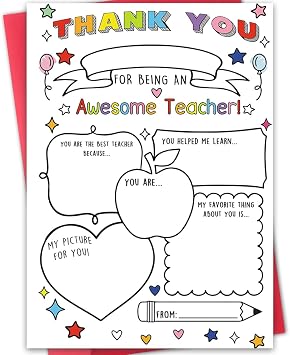 Hongshan Thank You Card for Teacher,Fill in the Blanks,Funny Appreciation Card Gift,Teacher Thank You Gifts Card from School Kids Students with Envelopes