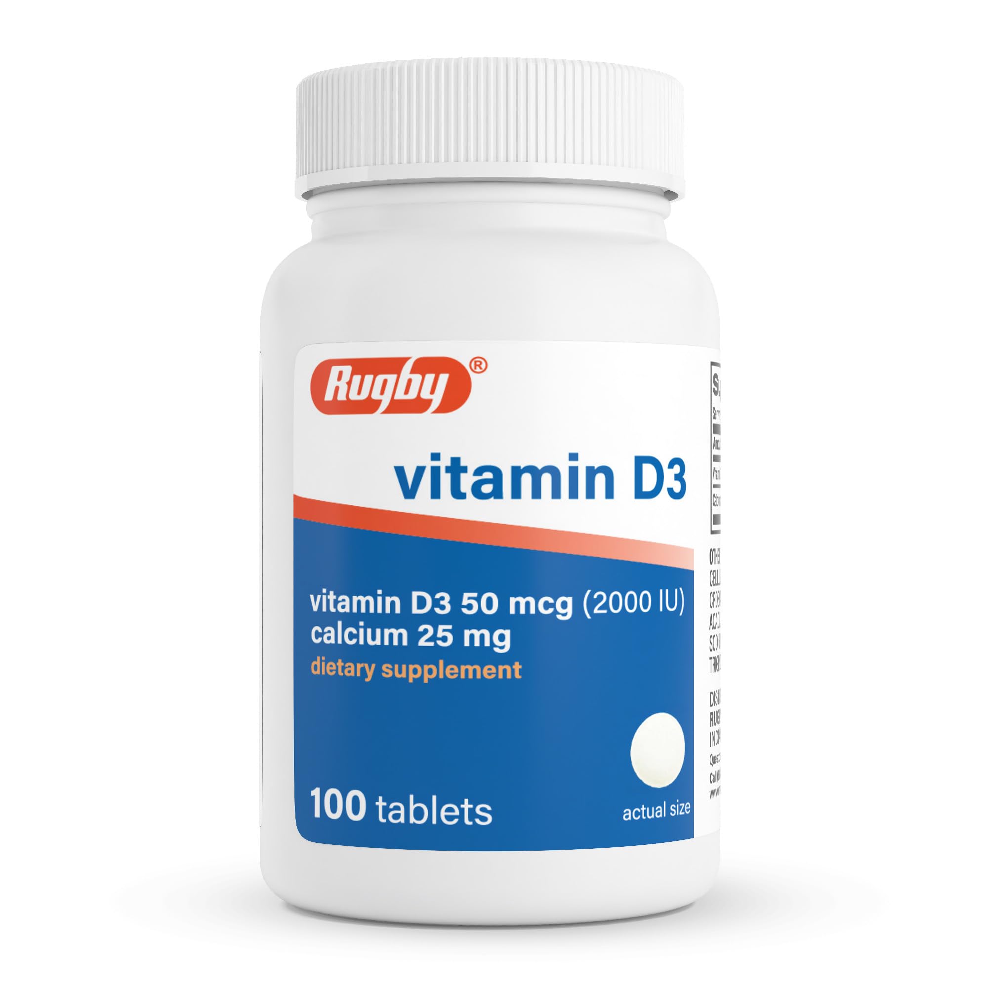 Rugby Vitamin D3 2000 IU (50 mcg) Tablets with Calcium 25 mg, 100 Count