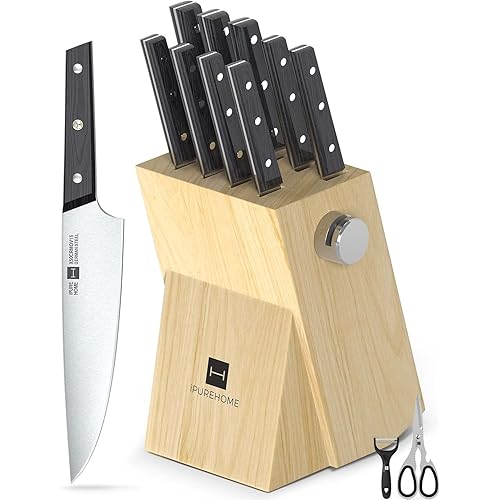 Knife Set with Built-in Sharpener Block, iPUREHOME® Kitchen Knife Set with Block, Professional 13 Pcs High Carbon Stainless Steel Block Knife Set with 4 Steak Knives, 1 Peeler, 1 Scissor, Wood Handles