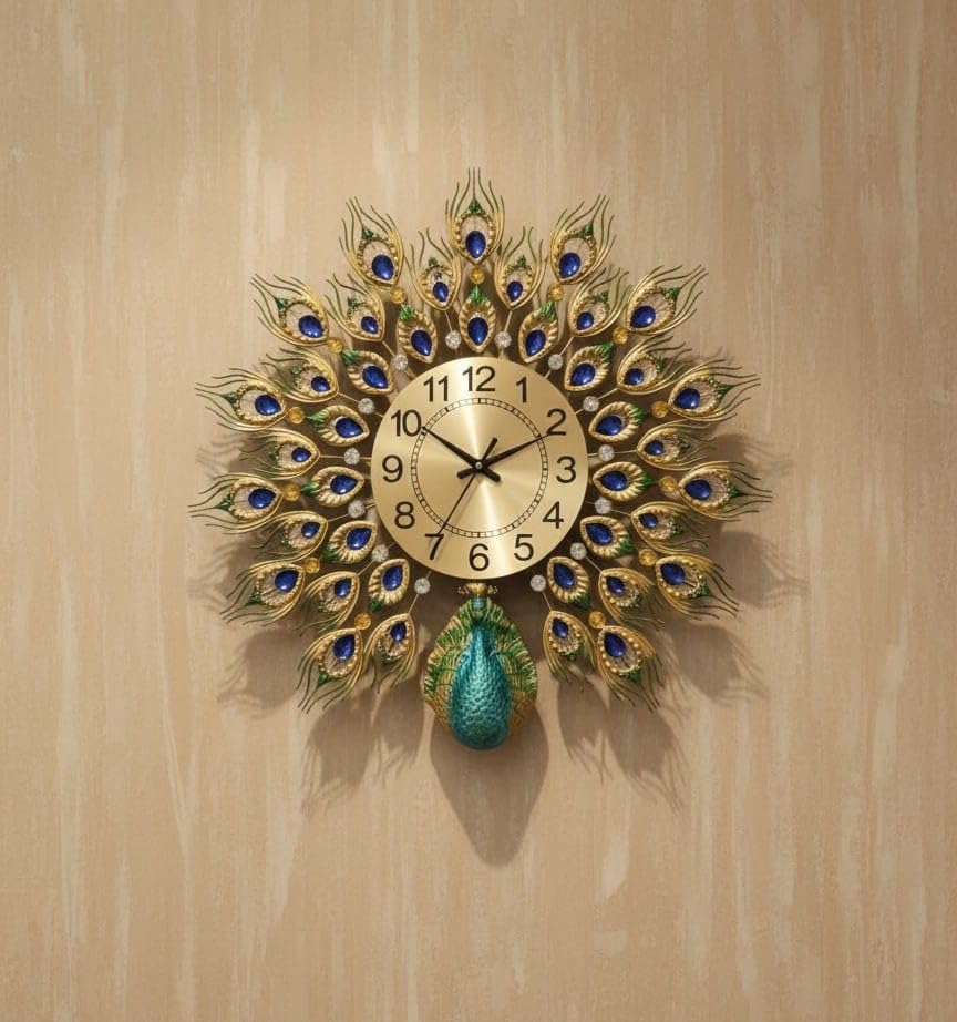 R RUNILEX Peacock European Style Luxury Living Room Analog Clock 3D Diamonds Non-Ticking Silent Creative Personality Metal Large Crystal Quartz Art Wall Decorative (Multi) (Small Peacock Clock) 3