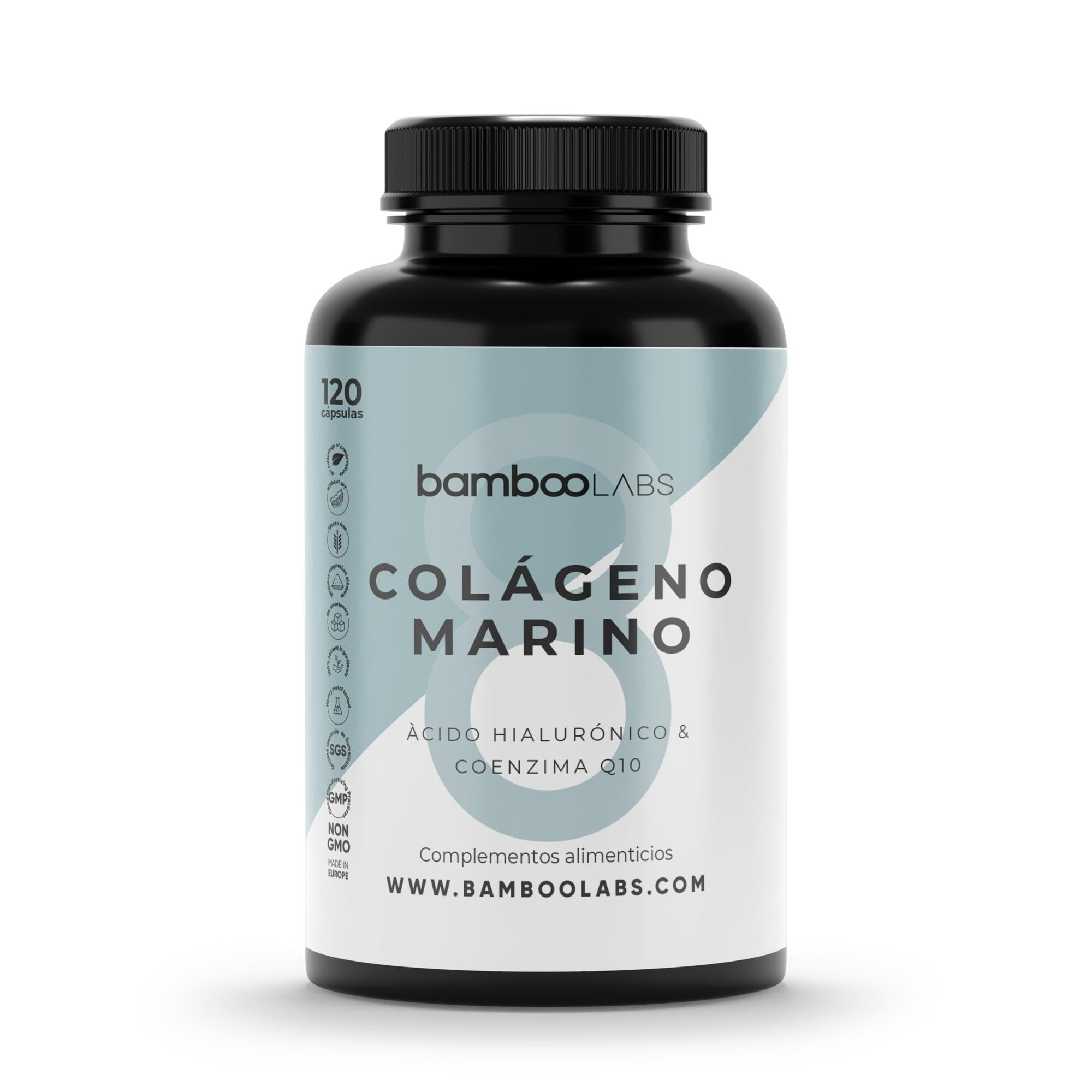 Bamboo Labs - Colágeno Marino Hidrolizado Puro + Ácido hialurónico + Coenzima Q10-120 Cápsulas - Enriquecido en Magnesio, Zinc, Vitaminas A, C, D y B12, Articulaciones Fuertes y Piel Tersa