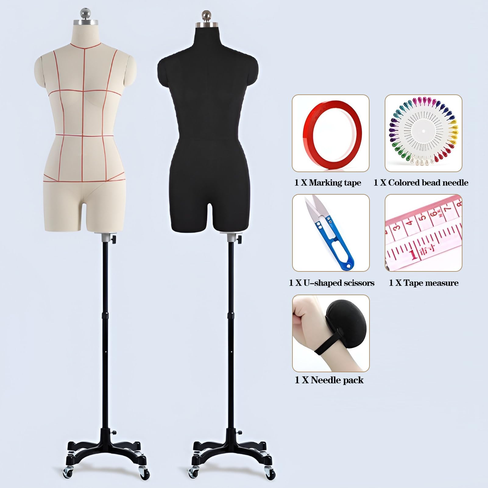 Manichino femminile regolabile con ruote in metallo – Torso da cucito appuntabile per sartoria e visualizzazione, bianco