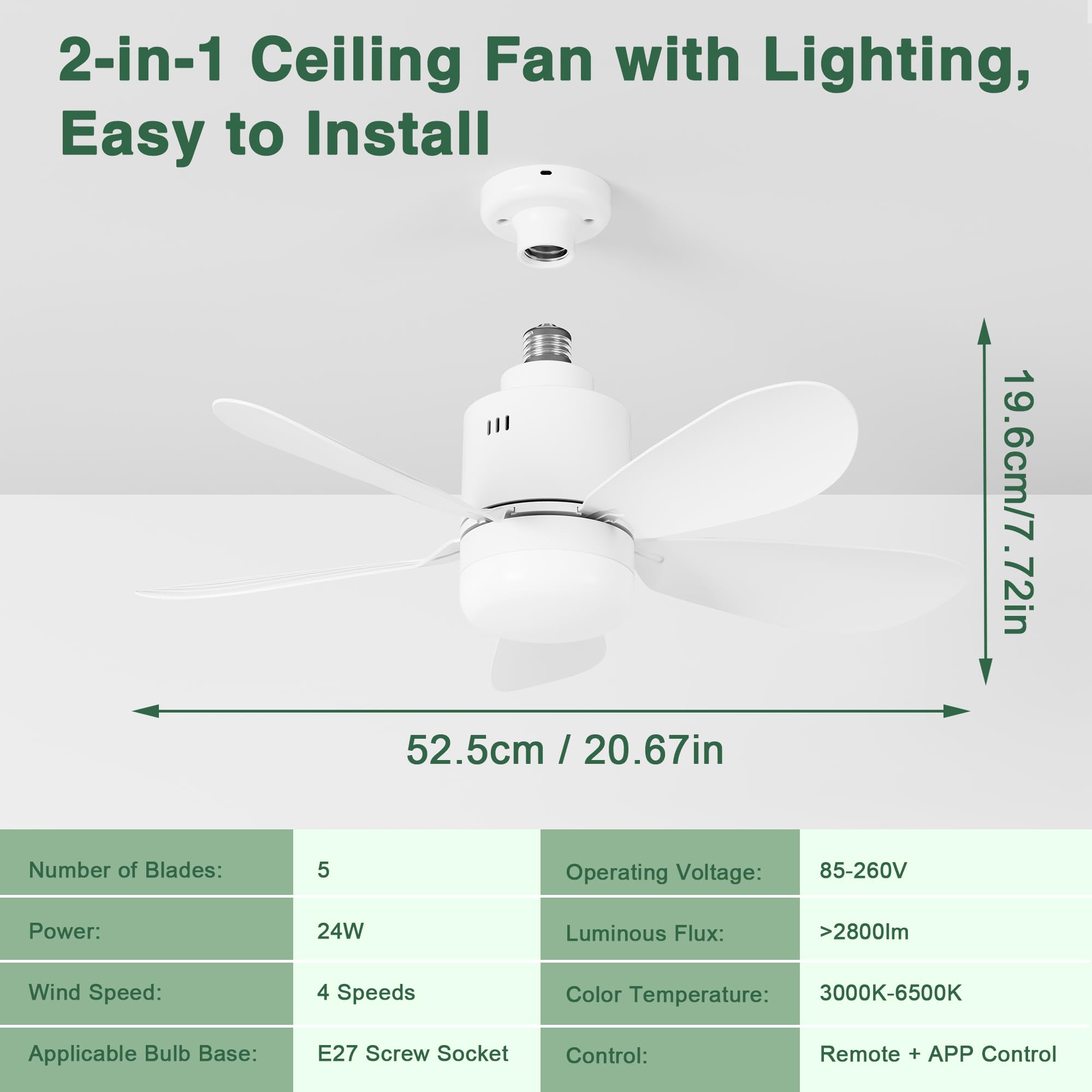 Ventiladores Para el Techo con Lámpara Ventilador Techo con Luz, LED Ventilador y Mando a Distancia 24W Diámetro 53cm, Temporizador, 3 Tonos de Luz 4 velocidades