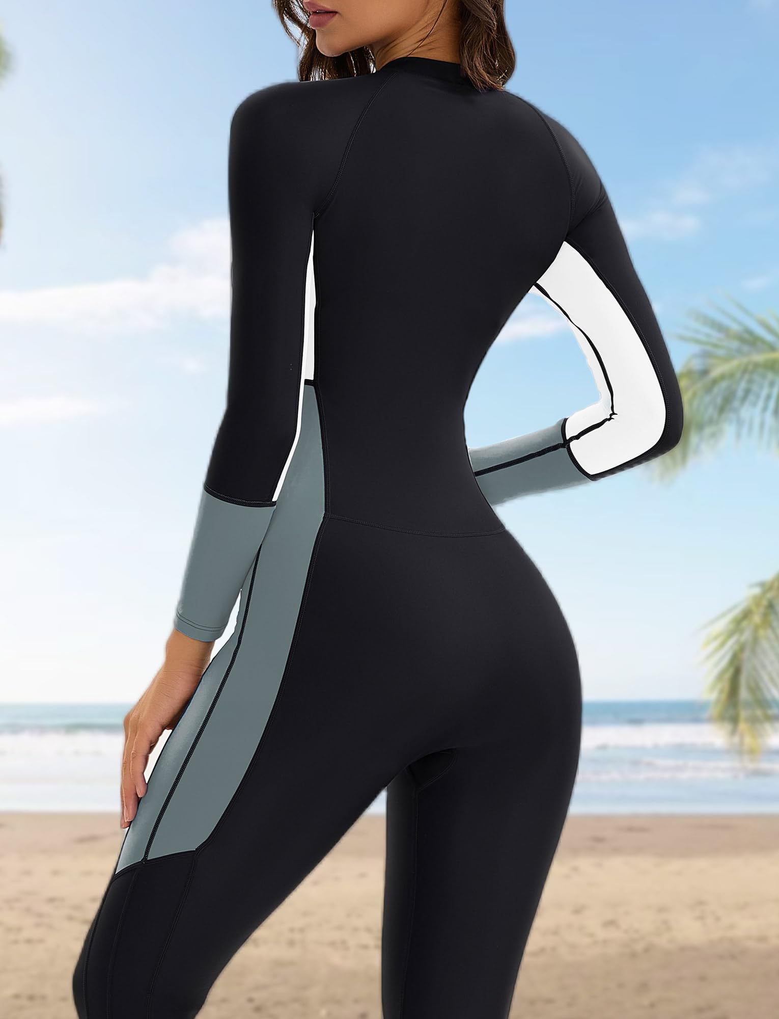 Rash Guard - Costume da bagno da donna con protezione solare per gambe e braccia, con chiusura lampo, slim fit, taglie XS-3XL (taglia S-4XL)