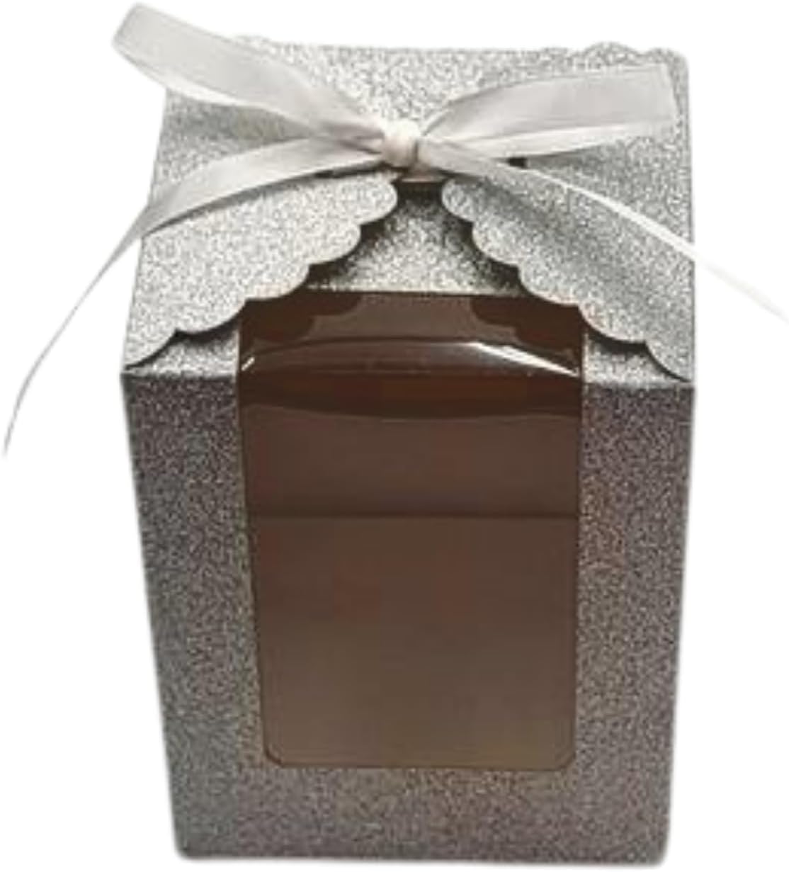 Silver Sparkling Favor Boxex-40 Ct Large 4"x4"x5" Clear Window. Includes 2 Ribbons (40 White 40 Black) Stemless Wine Glass Gift Box. Bottom Insert for Durability. Ideal for Weddings, Events, Christmas
