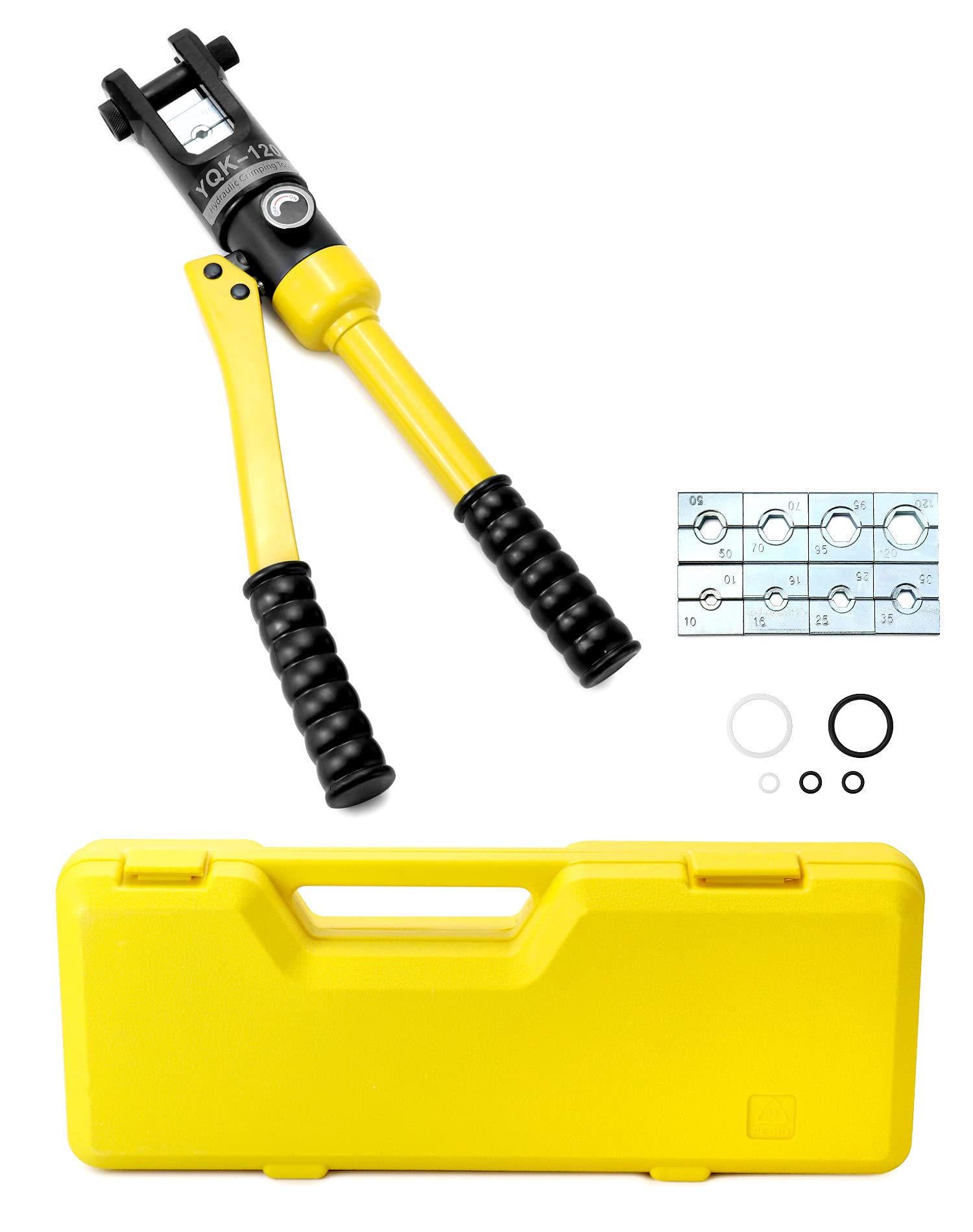 QWORK pinza idraulica a crimpare, pinza crimpatrice idraulica 12t, corsa 12mm, con 8 dies 10-120 mm²
