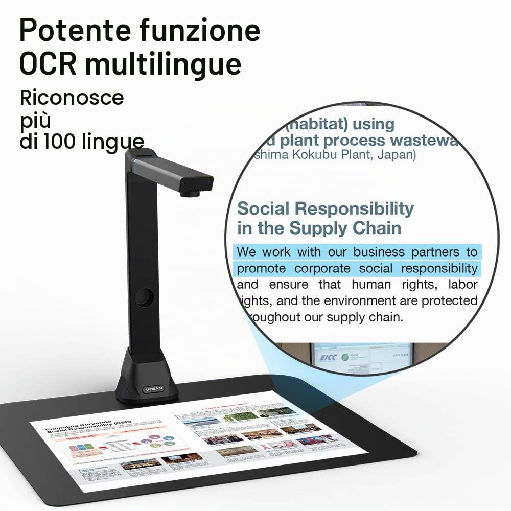 Viisan VK16 - Scanner digitale per documenti e libri formato A3, sensore da 16 MP, doppia pagina lisciatura e suddivisione automatica, riconoscimento testo, Visualizer scansione automatica, portatile