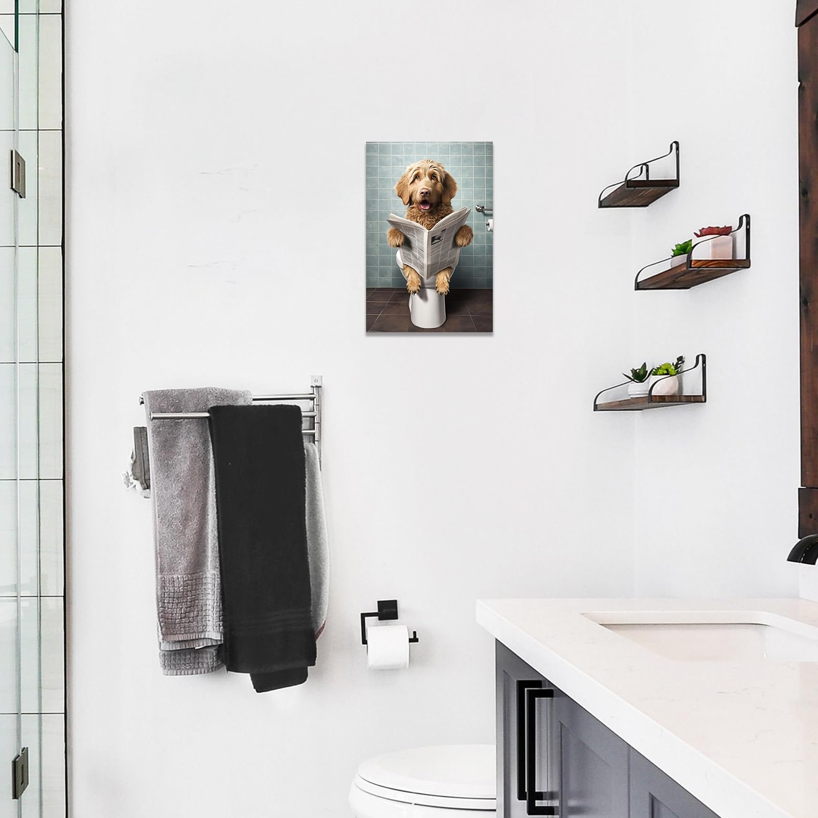 CCWACPP Stampa artistica da parete per bagno, motivo: cane seduto in bagno, lettura di giornali, stampa su tela, decorazione da parete