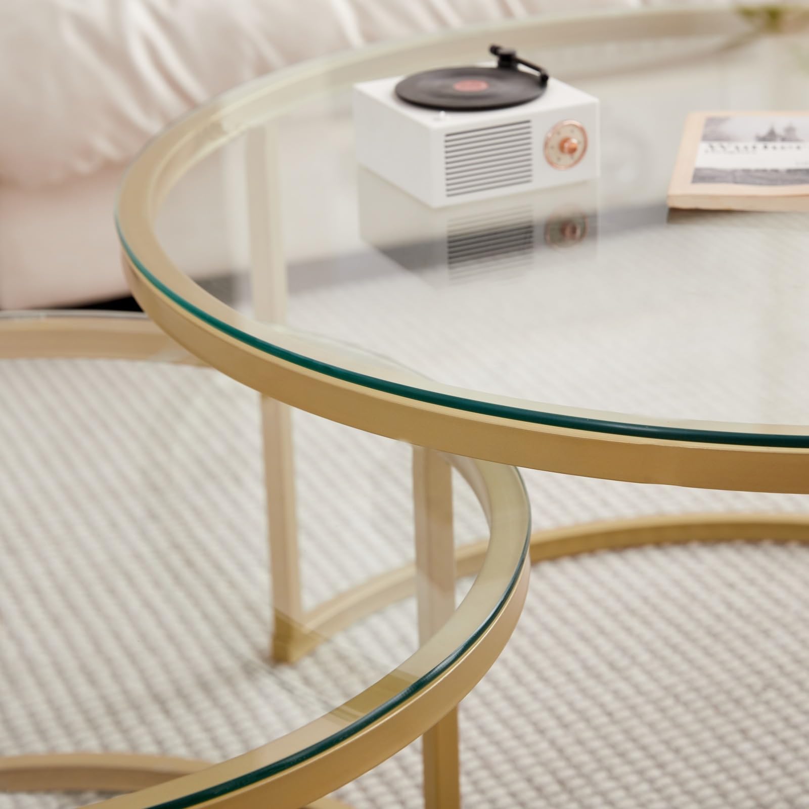 Lot de 2 Table Basse, Table D'appoint Ronde Empilable pour Salon, Pieds en Métal Plaqué Or, Adapté au Salons, Café, Salon (80 * 45 cm et 60 * 35 cm) - Verre Or