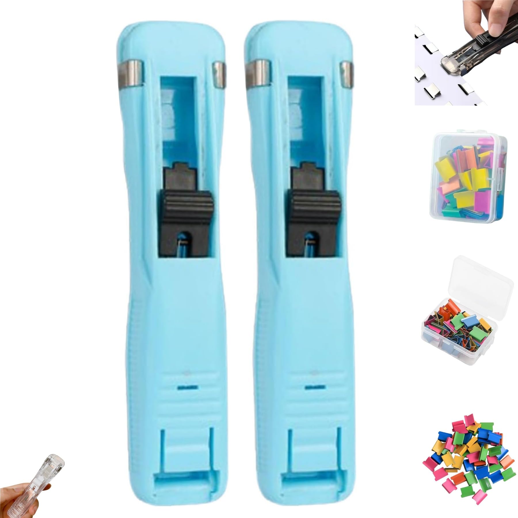 Grapadora portátil de clip para carpeta, incluye 50/100 clips reutilizables, dispensador de clips de papel de mano de tamaño grande, grapadora de escritorio reutilizable con dispensador (azul-2