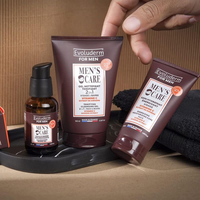 EVOLUDERM - Coffret Soin Visage Homme - 3 produits - Ingrédients d'Origine Naturelle - Végan - Idées Cadeaux Homme, Noël, Fête des Pères, Anniversaire, Saint Valentin