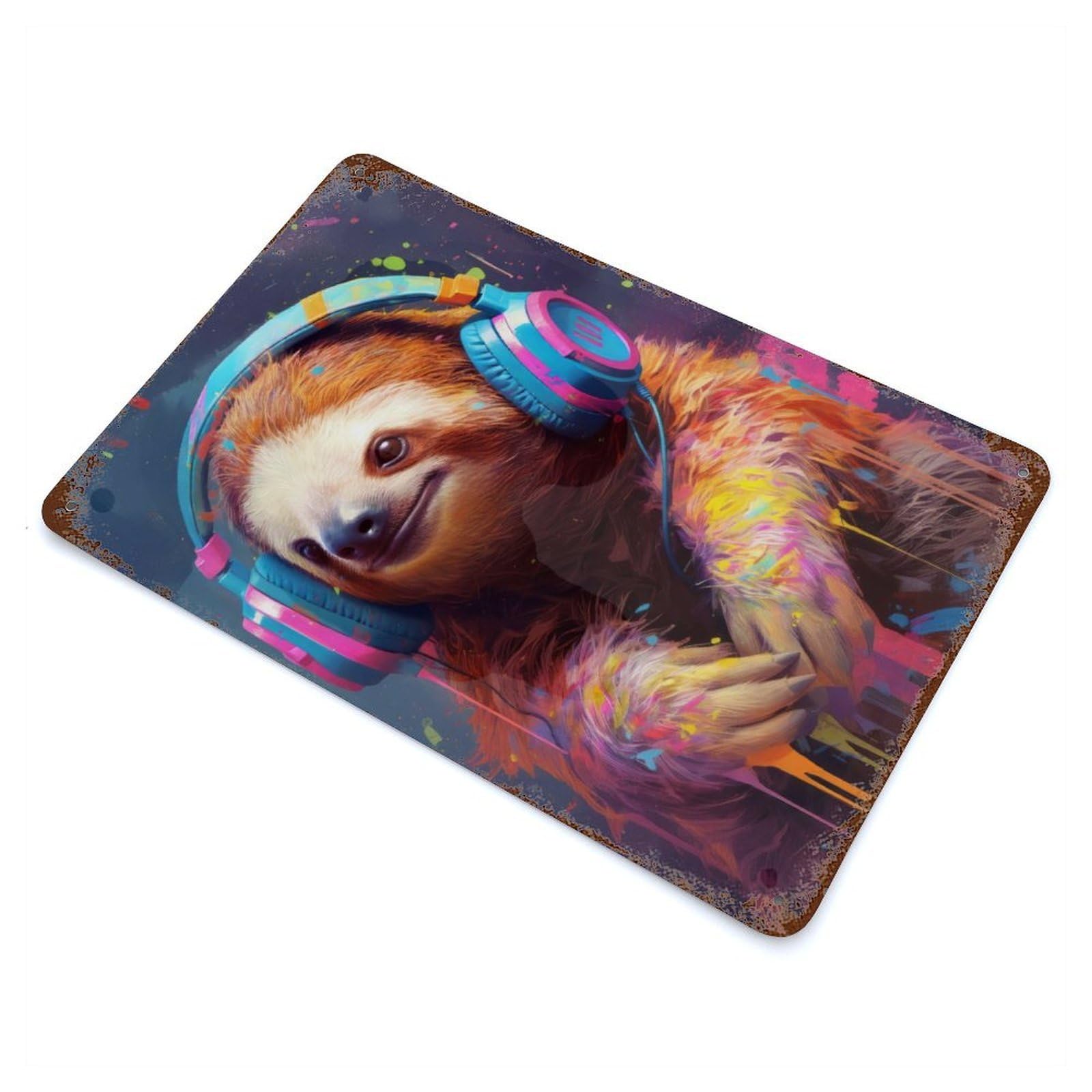 Funny Sloth DJ 11.8"x7.9" Aged Metal Wall Plaque, Retro Wall Decor for Farmhouse, Kitchen And Entryway Decor