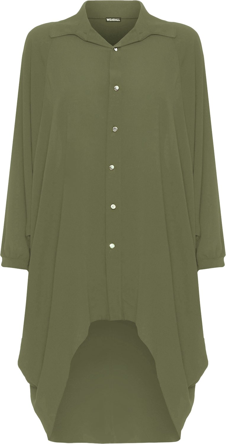 Wearall Women's Khaki Green Wearall® Plus Batwing Shirt Dress Long Sleeve Dip Hem Hi Lo Button Collar - 16-18