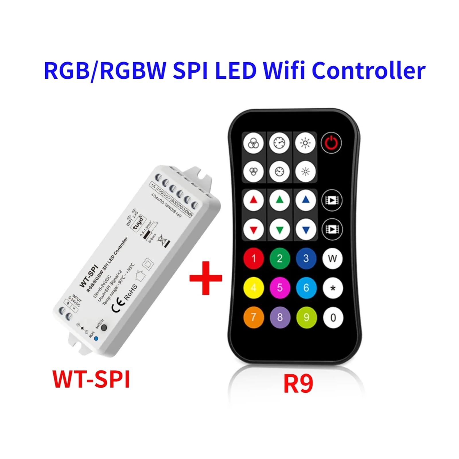 WT-SPI Tuya 5V-24VDC 12V 2.4G RF SPI LED Wifi Controlador R9 Control remoto para WS2811 WS2812 WS2815 UCS1903 Pixel RGB/RGBW Tira de luz LED (Color: WT-SPI y R9 Negro)