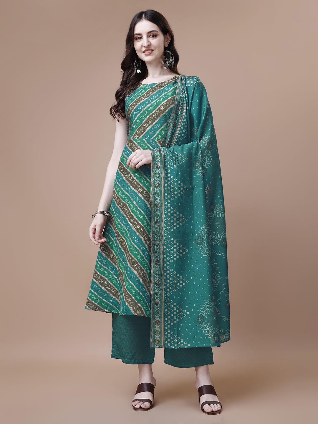 Pratham Blue Kurta Set For Women Cotton Blend Anarkali Printed Kurta Set For Women With Palazzos And Dupatta (Pb-6010-Xl_Green)