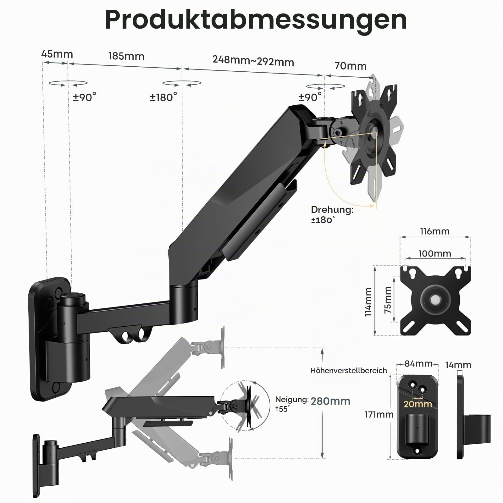 Monitor Wandhalterung für 17-45 Zoll – Bis 16kg, Gasdruckfeder