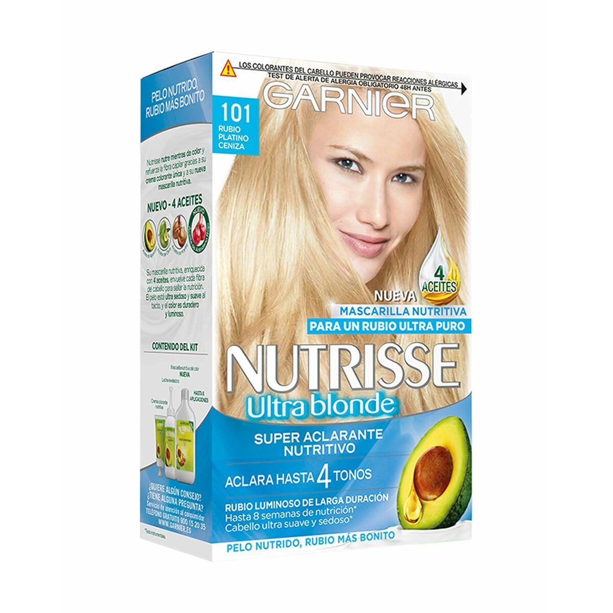 Garnier Nutrisse Creme Coloración Nutritiva Permanente, Tinte 100% Cobertura de Canas con Mascarilla Nutritiva de 4 Aceites - Tono 101 Rubio Platino Ceniza