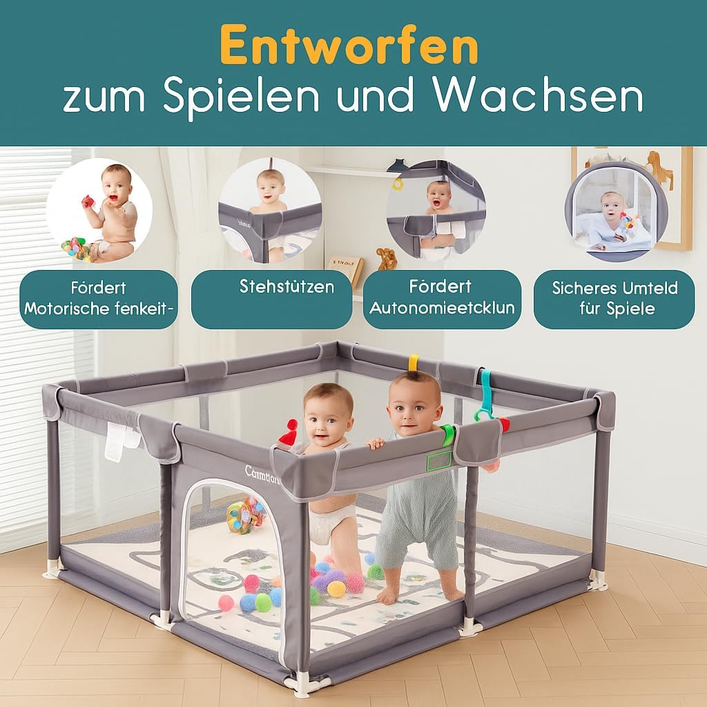 Laufstall für Babys mit Matratze, Bällebad (inkl. 50 Bällen) und 4 Haltegriffen. Laufgitter 124x124 cm mit atmungsaktivem Netz, 210D Oxford-Gewebe. Kinderlaufstall, dunkelgrau.