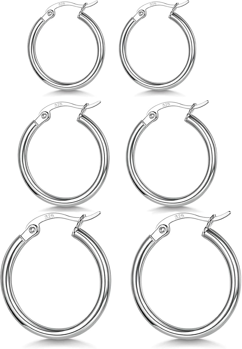 3 pares de pendientes de aro de plata de ley 925 | Pendientes de aro pequeños chapados en oro blanco para mujer (13 mm, 15 mm, 20 mm, 25 mm, 30 mm, 40 mm, 50 mm, 60 mm)