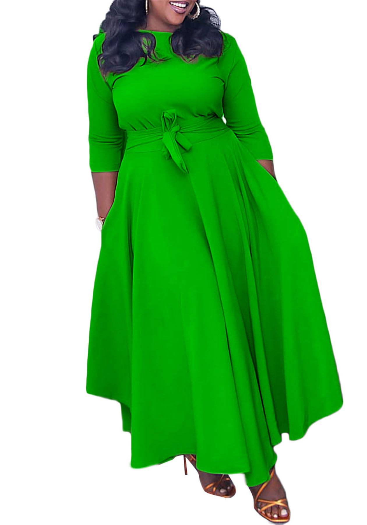 Xuideoy Casual Plus Size Maxi Dress for Women African Print 3/4 Sleeve Flowy Ruffle Long Dress with Belt 2025 Fashion