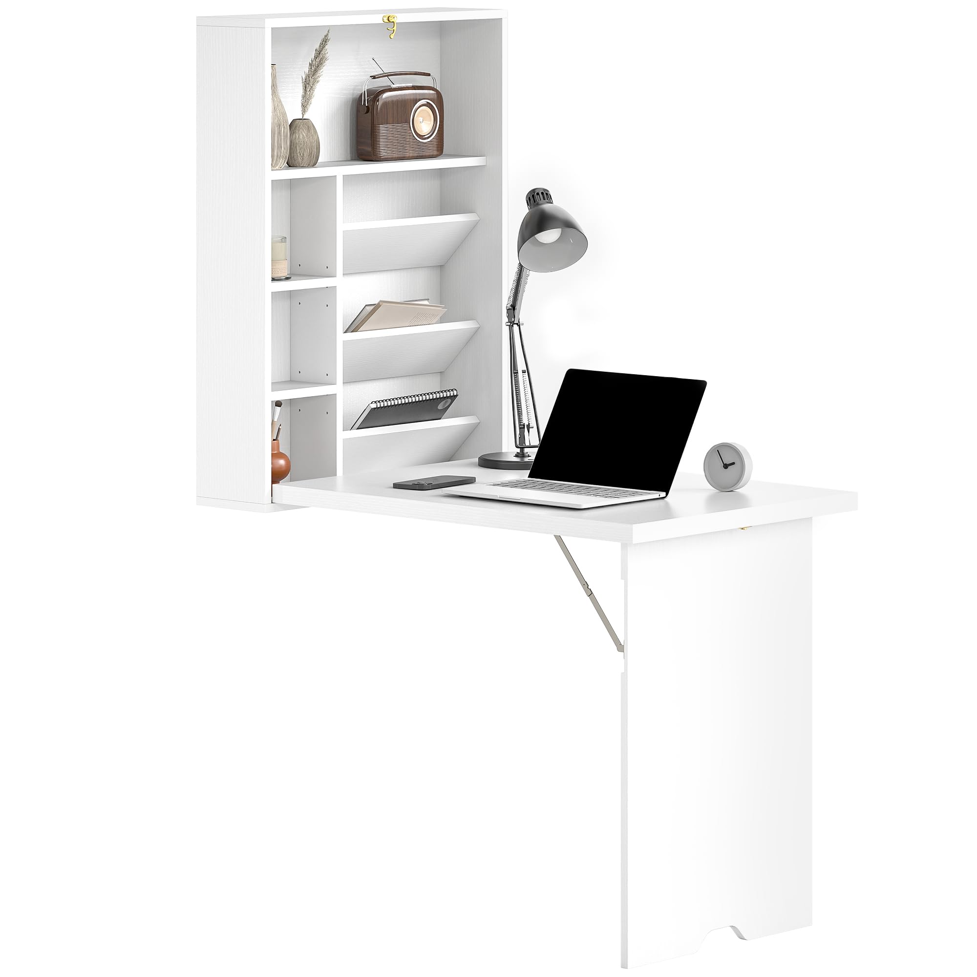 HOMCOM Bureau Pliable Mural avec étagères de Rangement, Bureau Rabattable, Table Murale Pliante, Gain de Place idéal pour Salon, Salle à Manger, Petit Espace, Blanc